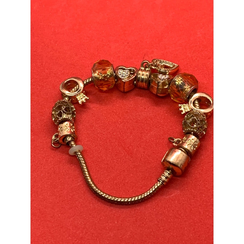 Unique Gold Tone Snake Chain Love Charm Bracelet Amber, Hearts Crown
